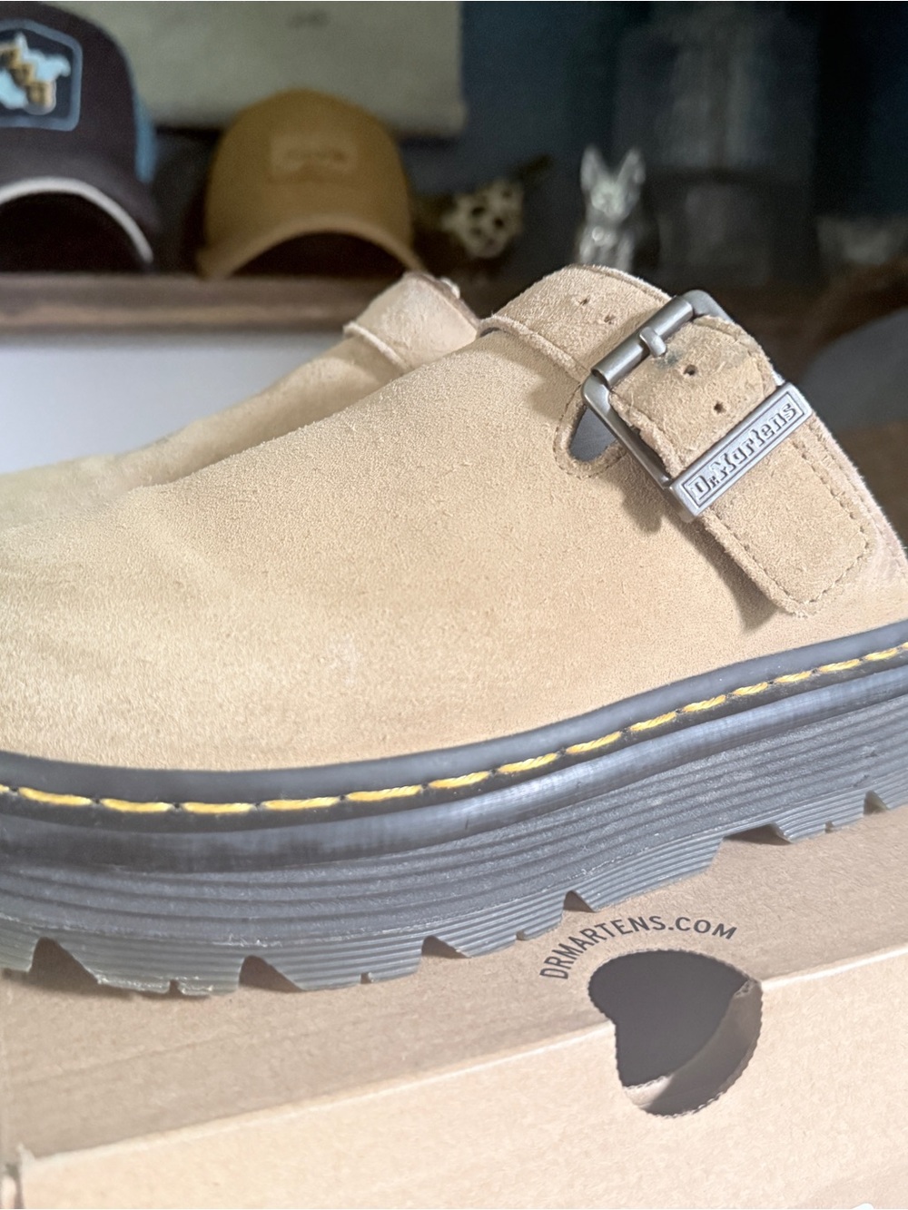 Dr. Martens Tan Suede Jadon Mule with Black Sole and Yellow Stitching - Picture 8 of 8